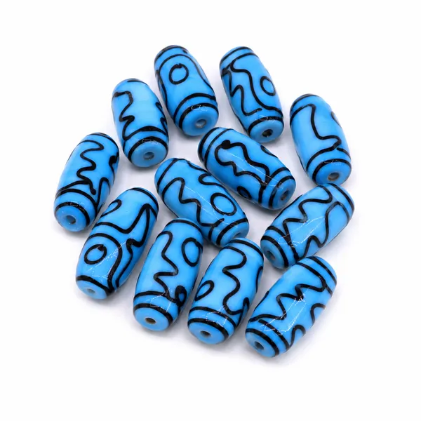 Aqua_Blue_Tibetan_Glass_Barrel_Beads_|_Hand_Painted_|_28x10mm_|_12_pieces