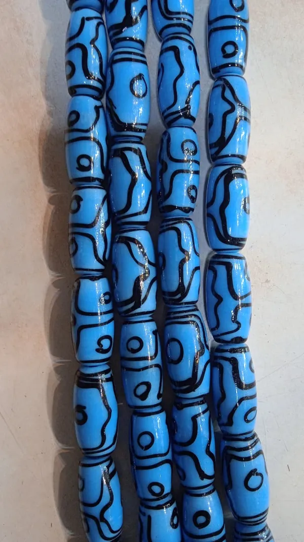 Aqua_Blue_Tibetan_Glass_Barrel_Beads_|_Hand_Painted_|_28x10mm_|_12_pieces