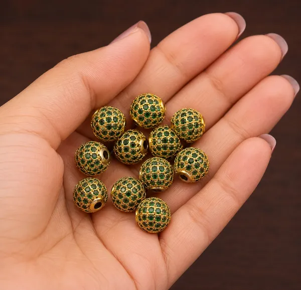 Green_And_Golden_Cubic_Zirconia_Ball_Beads_|_4/6/8/10mm_|_10_Pcs