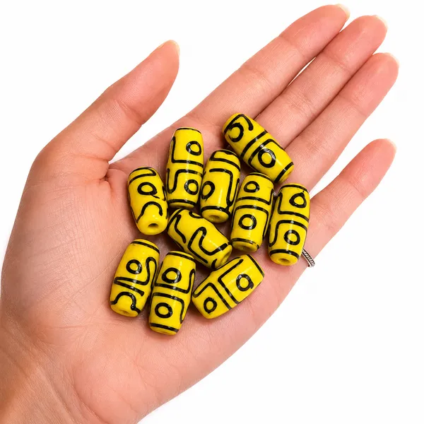 Yellow_Tibetan_Glass_Barrel_Beads_|_Hand_Painted_|_28x10mm_|_12_pieces