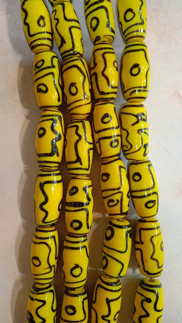 Yellow_Tibetan_Glass_Barrel_Beads_|_Hand_Painted_|_28x10mm_|_12_pieces