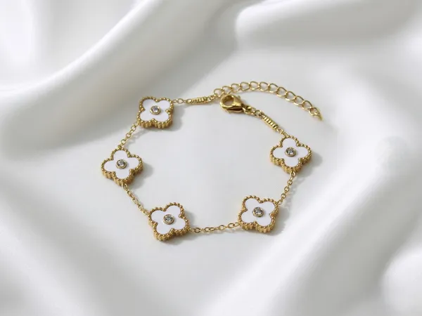 Handful_of_White_Flowers_|__White_Clover_Enamel_Gold_Plated_Bracelet_|_1_Piece