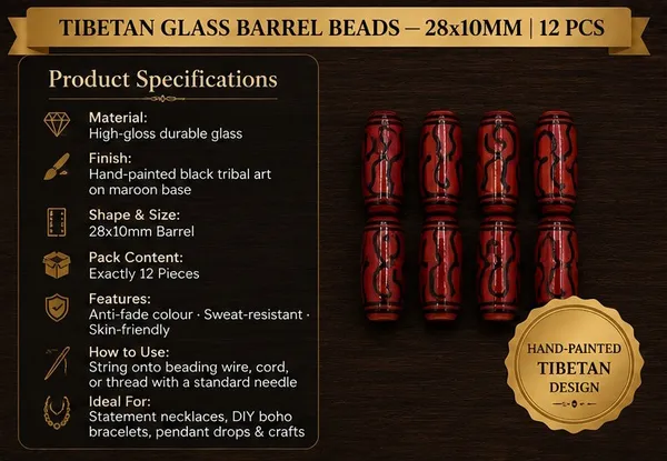 Maroon_Tibetan_Glass_Barrel_Beads_|_Hand_Painted_|_28x10mm_|_12_pieces