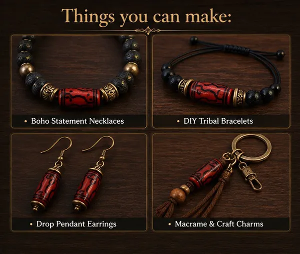 Maroon_Tibetan_Glass_Barrel_Beads_|_Hand_Painted_|_28x10mm_|_12_pieces