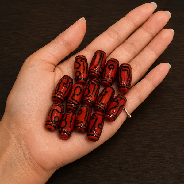 Maroon_Tibetan_Glass_Barrel_Beads_|_Hand_Painted_|_28x10mm_|_12_pieces