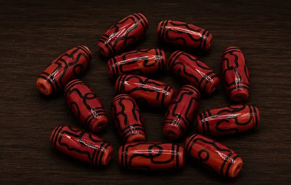 Maroon_Tibetan_Glass_Barrel_Beads_|_Hand_Painted_|_28x10mm_|_12_pieces