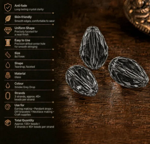 Smoke_Grey_Drop_Glass_Teardrop_Beads_|_8x11mm_|_3_strands_x_45+_beads_each_(Total_135+_beads)