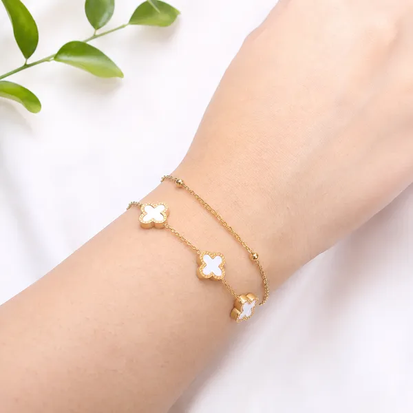 White_Light_|_White_Clover_Enamel_Gold_Plated_Bracelet_|_Double_Chain_|_1_Piece