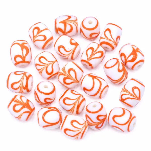 Orange_+_White_Tibetan_Glass_Barrel_Beads_|_Hand_Painted_|_13x16mm_|_20_pieces