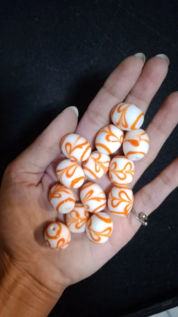 Orange_+_White_Tibetan_Glass_Barrel_Beads_|_Hand_Painted_|_13x16mm_|_20_pieces