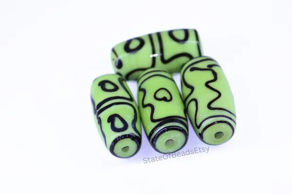 Green_Tibetan_Glass_Barrel_Beads_|_Hand_Painted_|_28x10mm_|_12_pieces