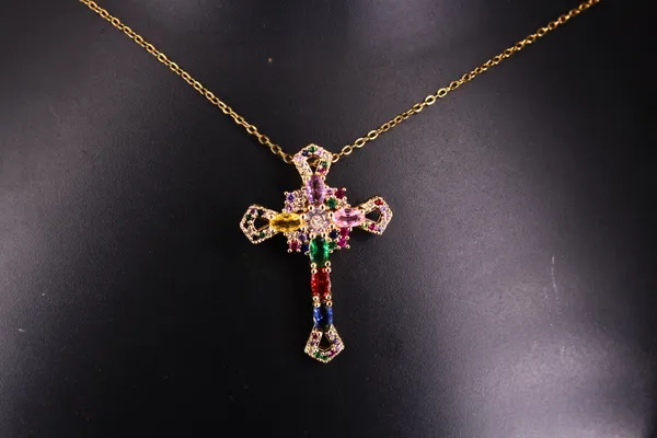 Faith_In_Colour_|_18K_Gold_Plated_Multicolour_Gemstone_Cross_Anti_Tarnish_Necklace__|_1_Piece