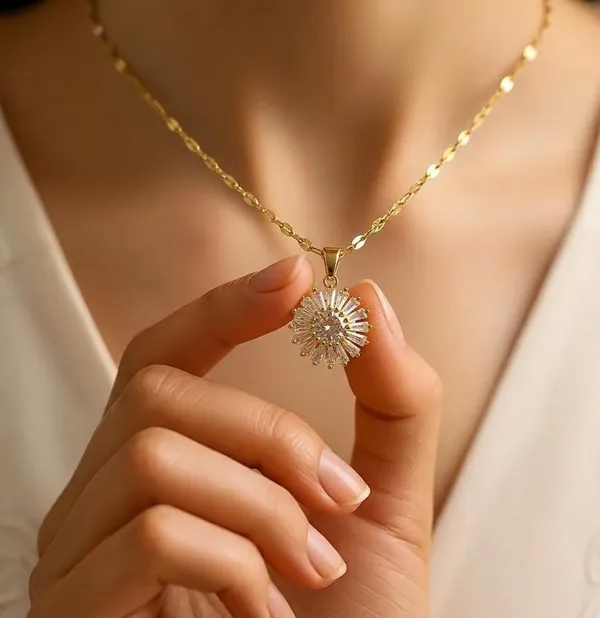 18K_Gold_Plated_Cubic_Zirconia_Baguette_Floral_Charm_Necklace__|_1_Piece