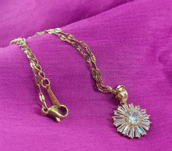 18K_Gold_Plated_Cubic_Zirconia_Baguette_Floral_Charm_Necklace__|_1_Piece