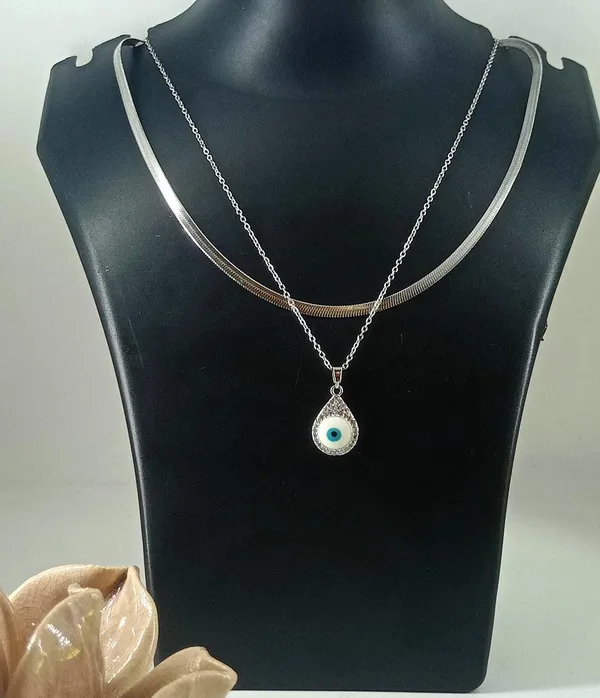 Silver_Plated_Evil_Eye_Teardrop_Double_Layer_Necklace__|_1_Piece
