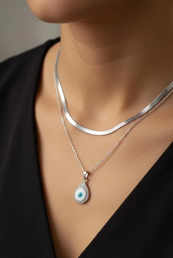 Silver_Plated_Evil_Eye_Teardrop_Double_Layer_Necklace__|_1_Piece