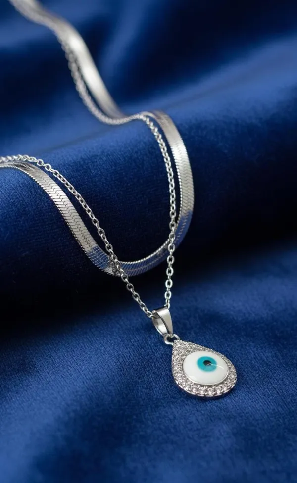 Silver_Plated_Evil_Eye_Teardrop_Double_Layer_Necklace__|_1_Piece