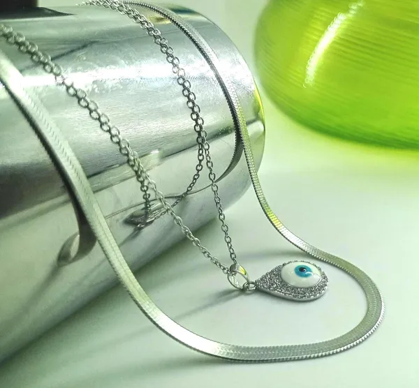 Silver_Plated_Evil_Eye_Teardrop_Double_Layer_Necklace__|_1_Piece