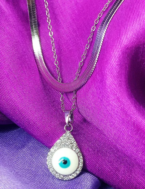 Silver_Plated_Evil_Eye_Teardrop_Double_Layer_Necklace__|_1_Piece