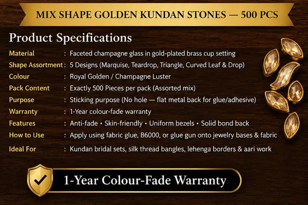 Mix_Shape_Glass_Golden_Kundan_Flatback_Stones_|_500_Pcs_|_Sticking_Purpose