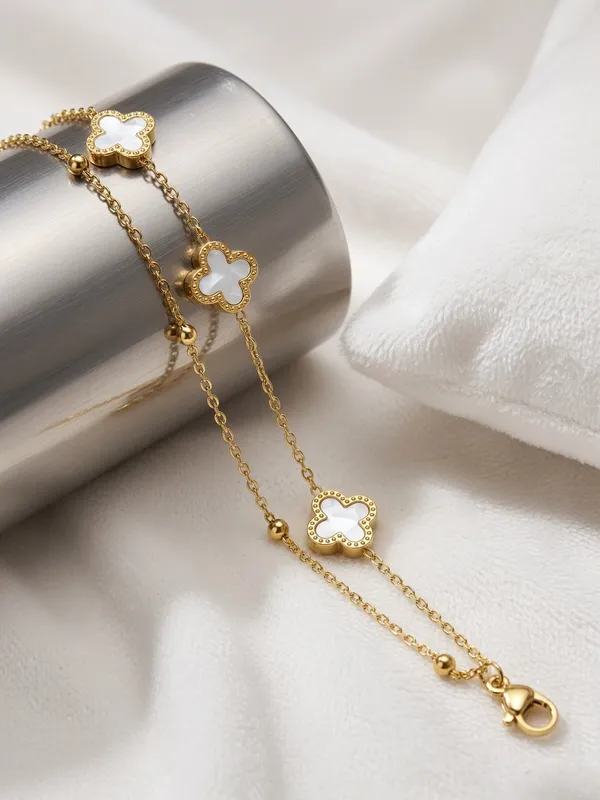 White_Light_|_White_Clover_Enamel_Gold_Plated_Bracelet_|_Double_Chain_|_1_Piece