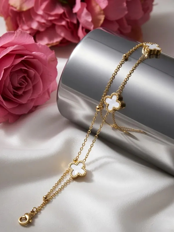 White_Light_|_White_Clover_Enamel_Gold_Plated_Bracelet_|_Double_Chain_|_1_Piece