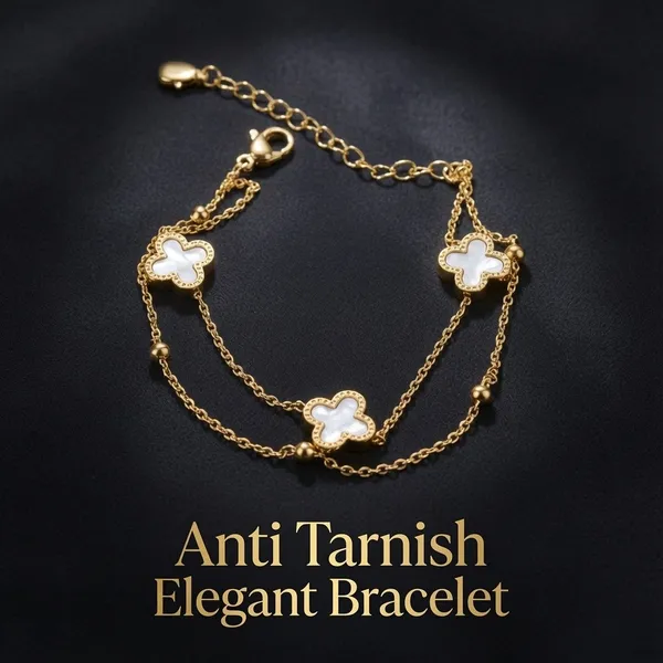 White_Light_|_White_Clover_Enamel_Gold_Plated_Bracelet_|_Double_Chain_|_1_Piece