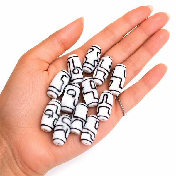 WhiteTibetan_Glass_Barrel_Beads_|_Hand_Painted_|_28x10mm_|_12_pieces