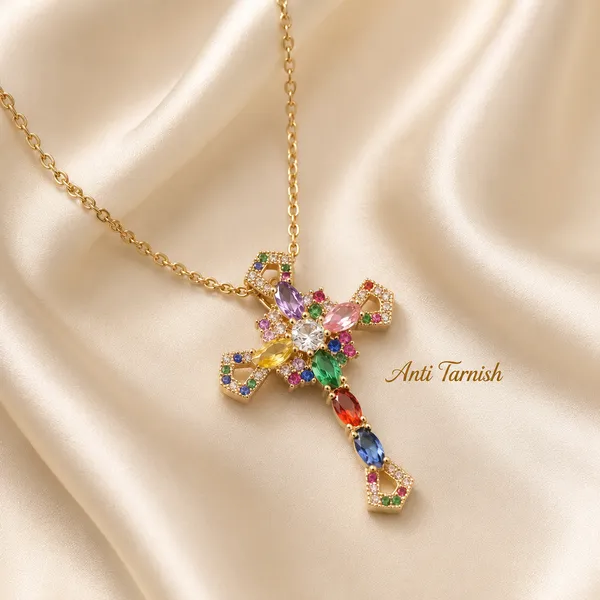 Faith_In_Colour_|_18K_Gold_Plated_Multicolour_Gemstone_Cross_Anti_Tarnish_Necklace__|_1_Piece