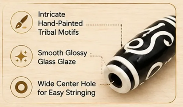 Black_Tibetan_Glass_Barrel_Beads_|_Hand_Painted_|_28x10mm_|_12_pieces