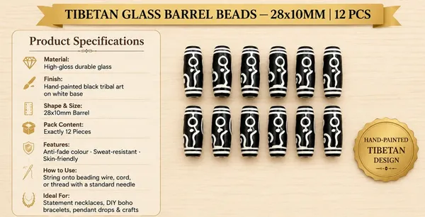 Black_Tibetan_Glass_Barrel_Beads_|_Hand_Painted_|_28x10mm_|_12_pieces
