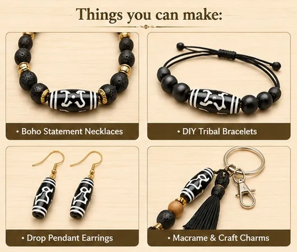 Black_Tibetan_Glass_Barrel_Beads_|_Hand_Painted_|_28x10mm_|_12_pieces
