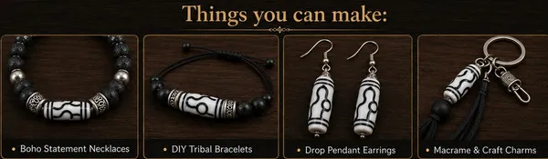 WhiteTibetan_Glass_Barrel_Beads_|_Hand_Painted_|_28x10mm_|_12_pieces