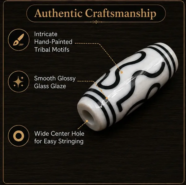 WhiteTibetan_Glass_Barrel_Beads_|_Hand_Painted_|_28x10mm_|_12_pieces