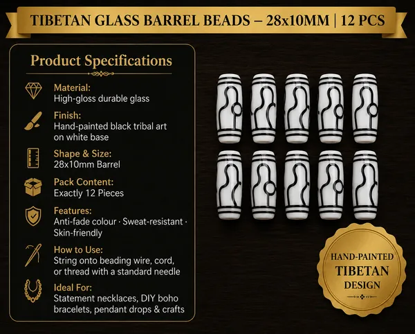 WhiteTibetan_Glass_Barrel_Beads_|_Hand_Painted_|_28x10mm_|_12_pieces