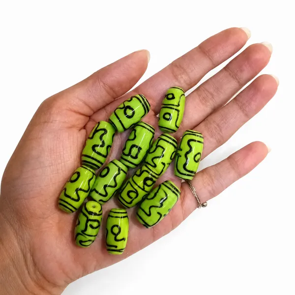 Green_Tibetan_Glass_Barrel_Beads_|_Hand_Painted_|_28x10mm_|_12_pieces