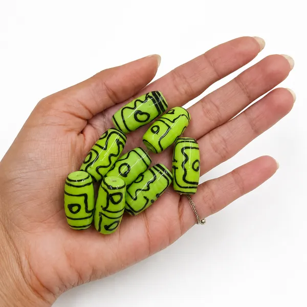 Green_Tibetan_Glass_Barrel_Beads_|_Hand_Painted_|_28x10mm_|_12_pieces
