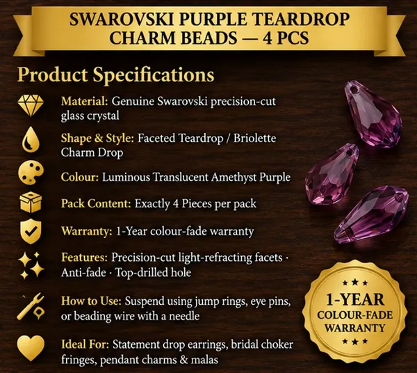 Genuine_Swarovski_Purple_Teardrop_Charm_Beads_|_7.5mm_|_4_Pcs