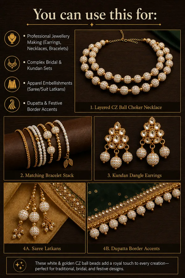 White_And_Golden_Cubic_Zirconia_Ball_Beads_|_4/6/8/10mm_|_10_Pcs