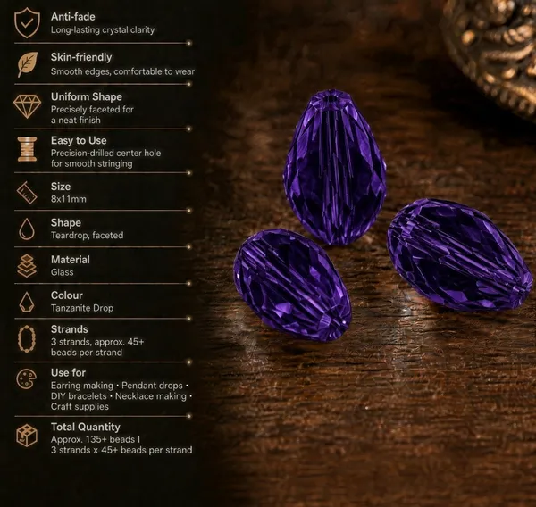 Tanzanite_Drop_Glass_Teardrop_Beads_|_8x11mm_|_3_strands_x_45+_beads_each_(Total_135+_beads)