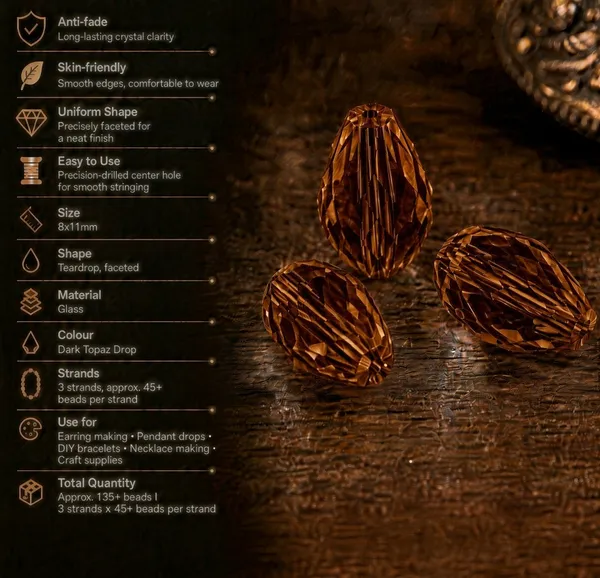 Dark_Topaz_Drop_Glass_Teardrop_Beads_|_8x11mm_|_3_strands_x_45+_beads_each_(Total_135+_beads)