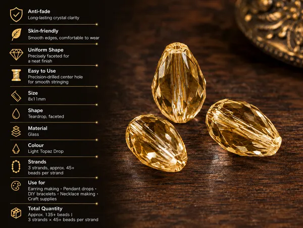Light_Topaz_Drop_Glass_Teardrop_Beads_|_8x11mm_|_3_strands_x_45+_beads_each_(Total_135+_beads)