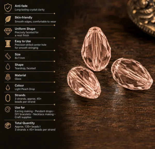 Light_Peach_Drop_Glass_Teardrop_Beads_|_8x11mm_|_3_strands_x_45+_beads_each_(Total_135+_beads)