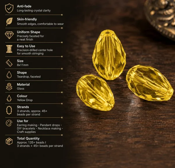Yellow_Drop_Glass_Teardrop_Beads_|_8x11mm_|_3_strands_x_45+_beads_each_(Total_135+_beads)