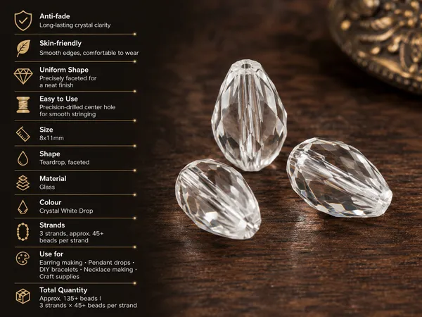 Crystal_White_Drop_Glass_Teardrop_Beads_|_8x11mm_|_3_strands_x_45+_beads_each_(Total_135+_beads)