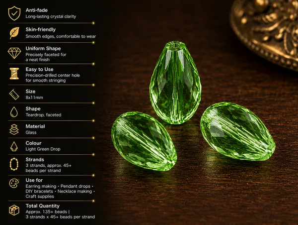 PeridotGreen_Drop_Glass_Teardrop_Beads_|_8x11mm_|_3_strands_x_45+_beads_each_(Total_135+_beads)