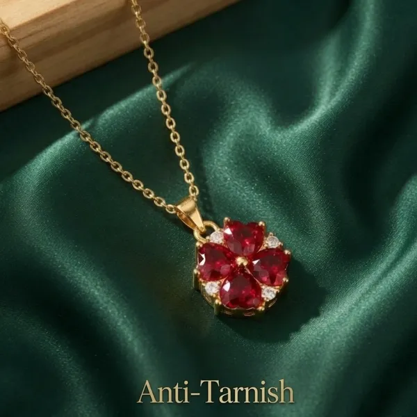 Worth_The_Search_|_18K_Gold_Plated_Four_Leaf_Clover_Ruby_Cubic_Zirconia_Anti_Tarnish_Necklace__|_1_Piece