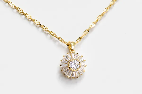 18K_Gold_Plated_Cubic_Zirconia_Baguette_Floral_Charm_Necklace__|_1_Piece
