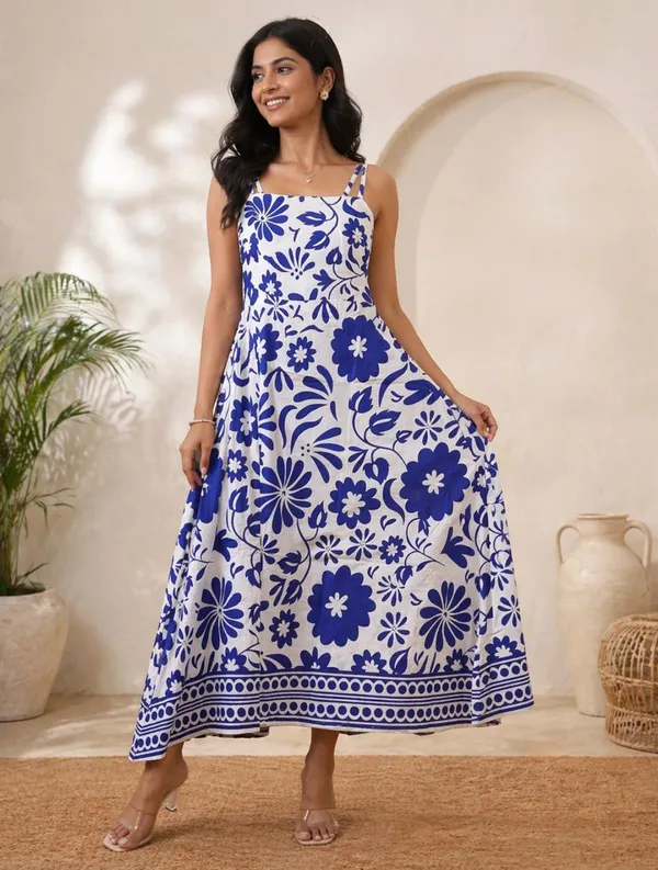 Blue_And_White_Floral_Print_Sleeveless_Maxi_Dress