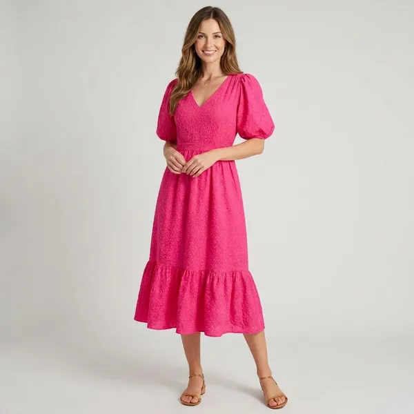 Pink_Puff_Sleeve_V_Neck_Midi_Dress_With_Tiered_Hem